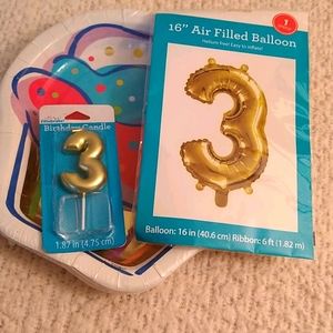 HAPPY 3RD BDAY 16INCH GOLD BALLOON, CANDLE, PAPER
